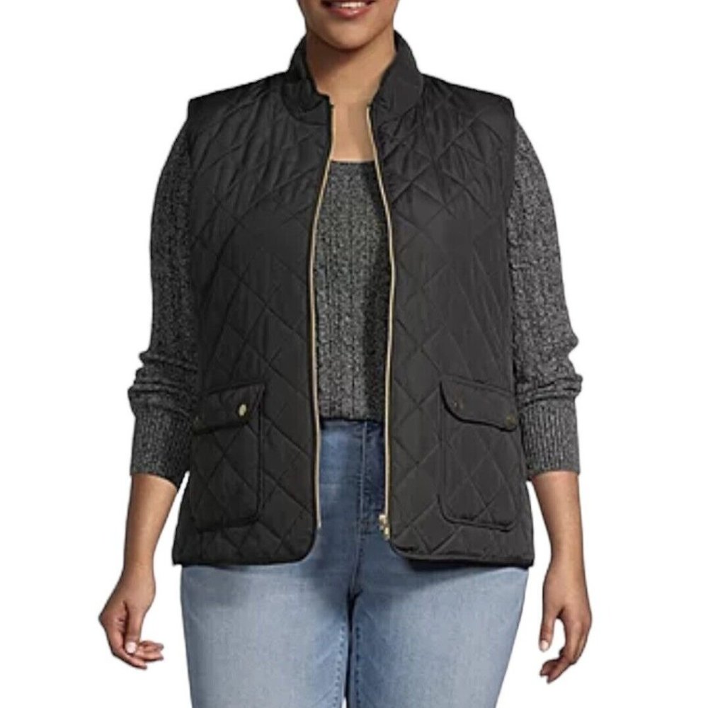 St Johns Bay Women’s Plus Quilted Sleeveless Vest BLACK Size 2X